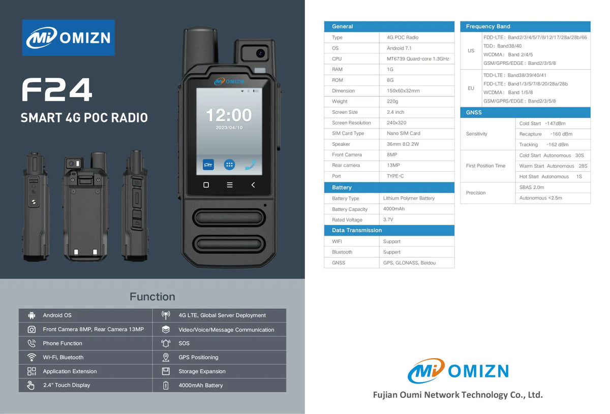 Radio POC OMIZN F24 4G, Walkie Talkie Android 7.1 de Alcance Ilimitado con Cámara de 8MP/13MP, GPS, Batería de 4000mAh, WiFi/Bluetooth