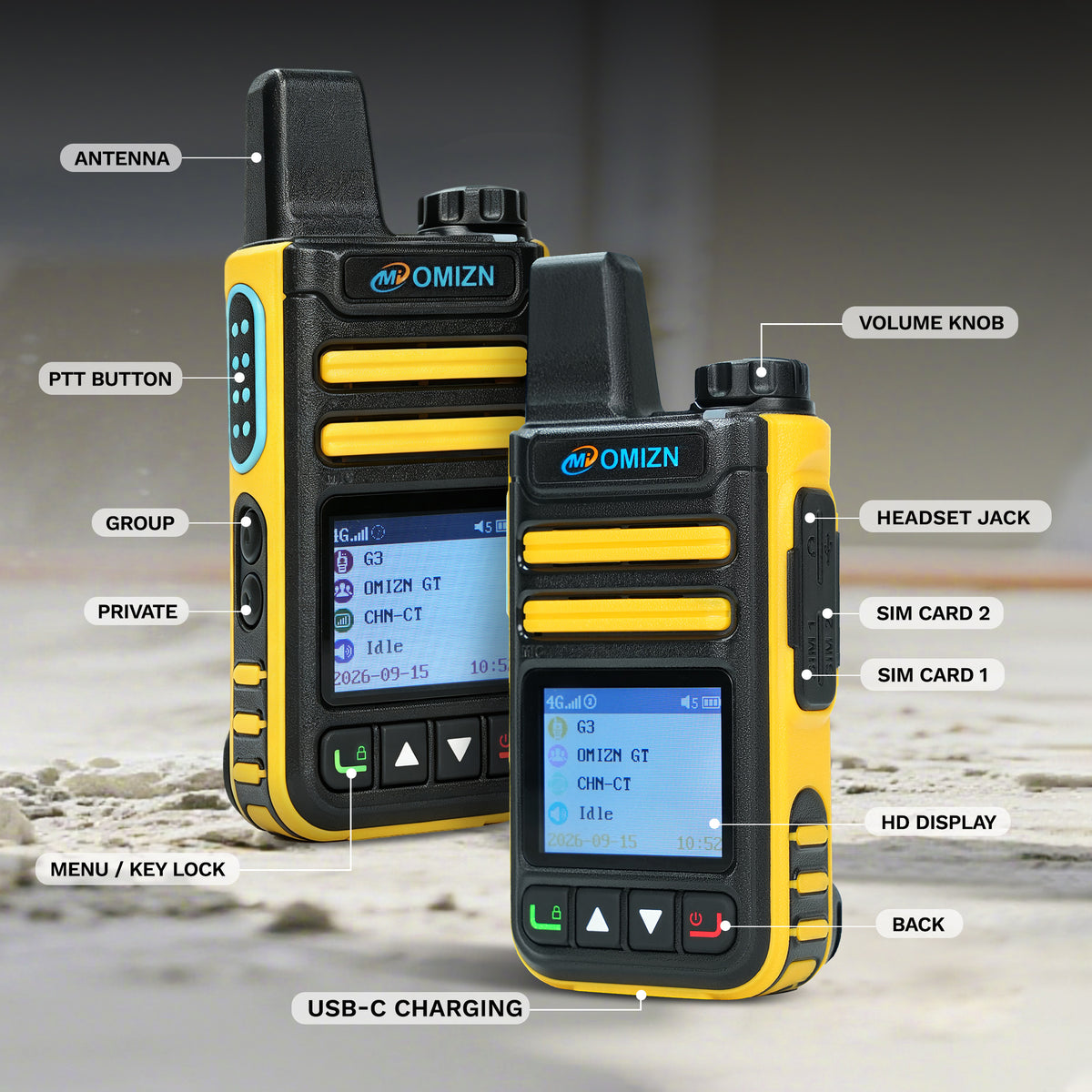 Walkie-talkie OMIZN G3 4G LTE Dual SIM, alcance ilimitado, servicio gratuito de por vida, IP65, cifrado AES256, reducción de ruido.