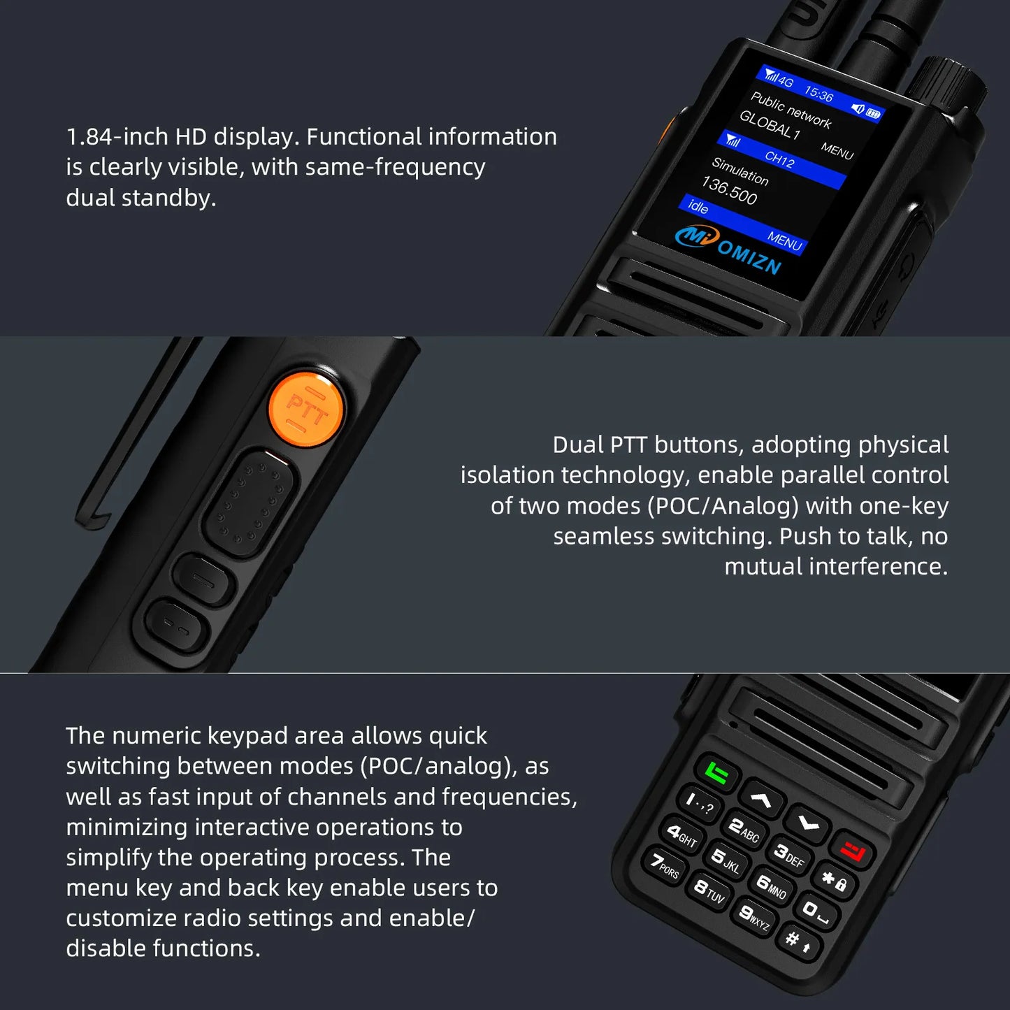 Walkie Talkie OMIZN X8 de modo dual 4G UHF Android de alcance ilimitado Zello Real-PTT GPS