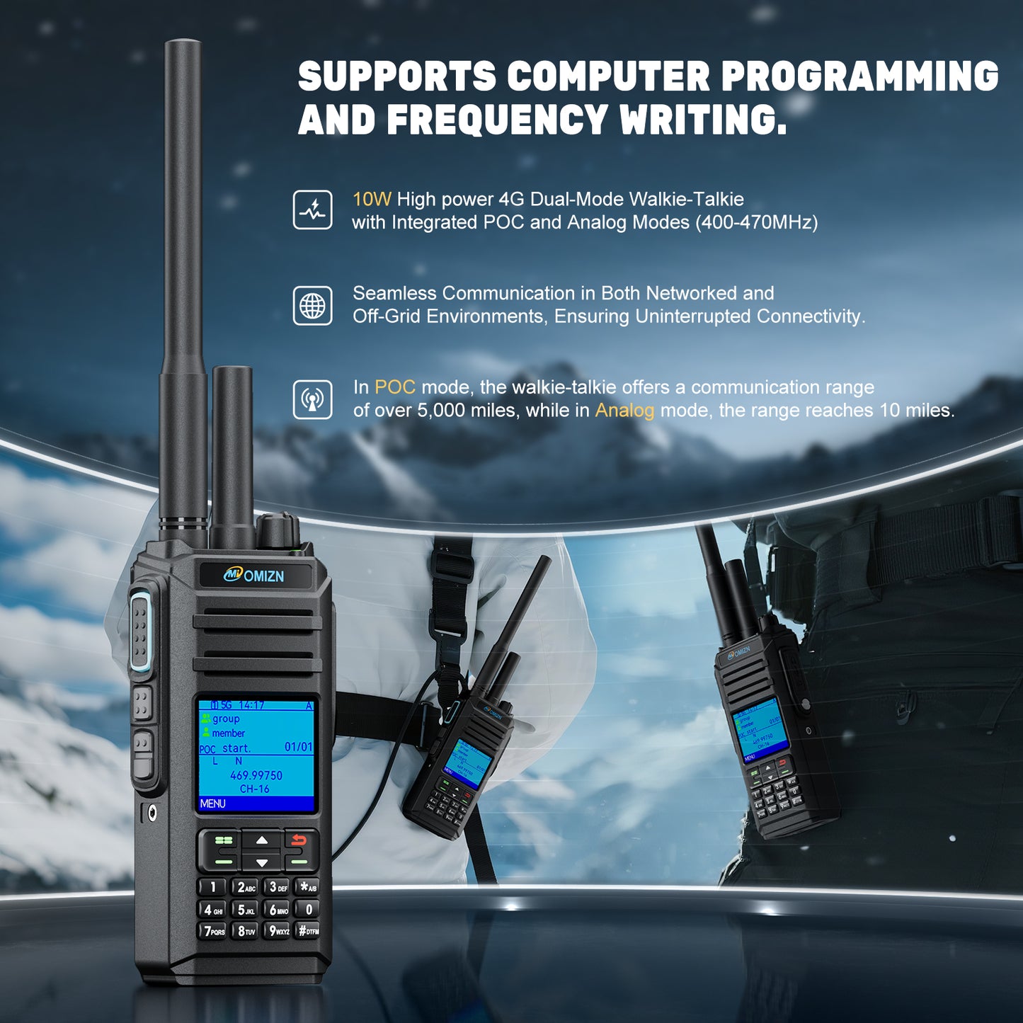 OMIZN X4 Intercomunicador de red pública + analógico de modo dual. Comunicación a distancia nacional, resistente al agua y a los impactos con certificación IP67. Sonido alto y claro.