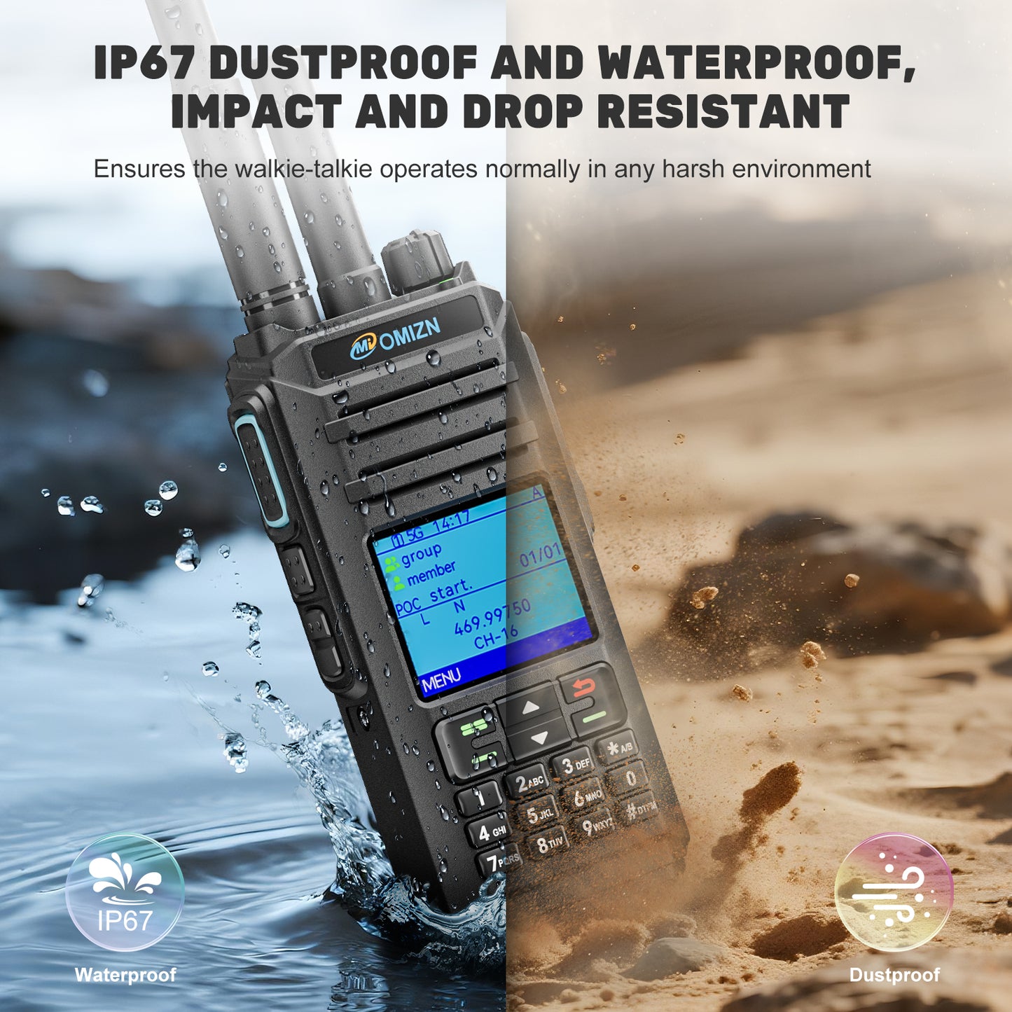 OMIZN X4 Intercomunicador de red pública + analógico de modo dual. Comunicación a distancia nacional, resistente al agua y a los impactos con certificación IP67. Sonido alto y claro.