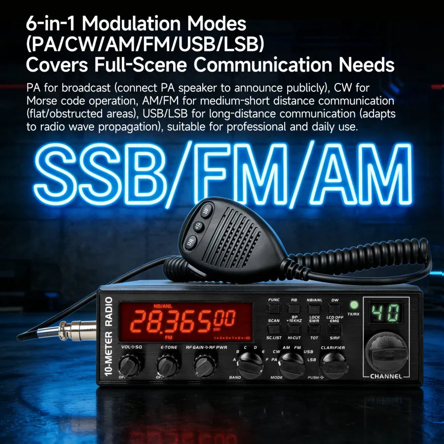 Radio CB OMIZN 5558 SSB 10 metros multimodo PA/CW/AM/FM/USB/LSB, 55W de potencia máxima, 360 canales, canal instantáneo 9, NB/ANL, calibración SWR, ASC, TB, RF-Gain, autoescaneo, compatible con programación
