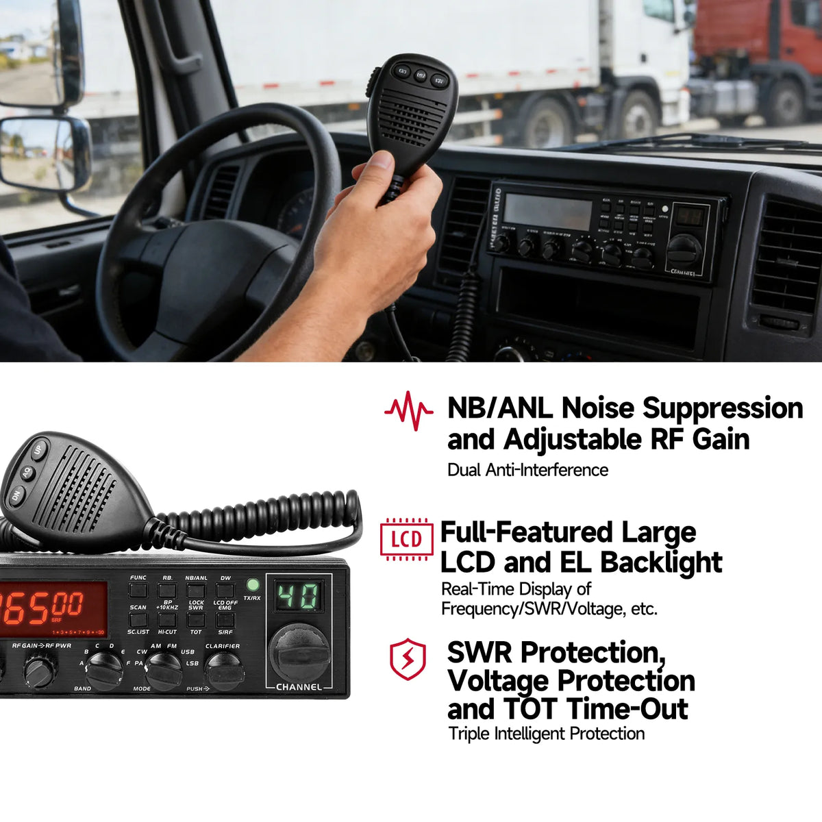 Radio CB OMIZN 5558 SSB 10 metros multimodo PA/CW/AM/FM/USB/LSB, 55W de potencia máxima, 360 canales, canal instantáneo 9, NB/ANL, calibración SWR, ASC, TB, RF-Gain, autoescaneo, compatible con programación